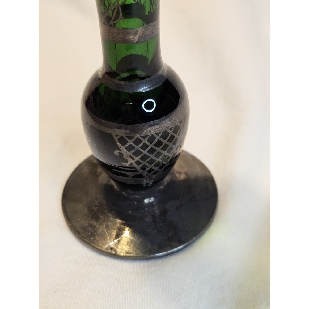 Bohemian Emerald Green Glass Silver Overlay Bud or Weed Vase - Beautiful - Picture 7 of 16